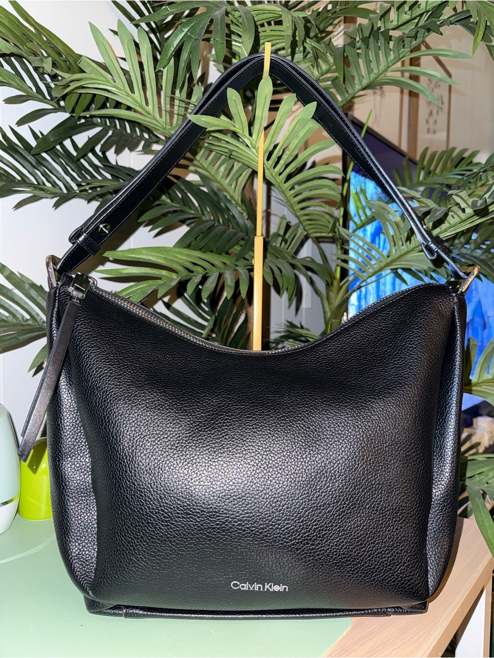 Calvin Klein Black Pebbled Leather Hobo Shoulder Bag